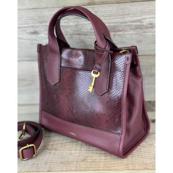 Fossil Kyler Satchel Wine Snake Python Embossed Convertible Crossbody MSRP $250 - Picture 2 of 7
